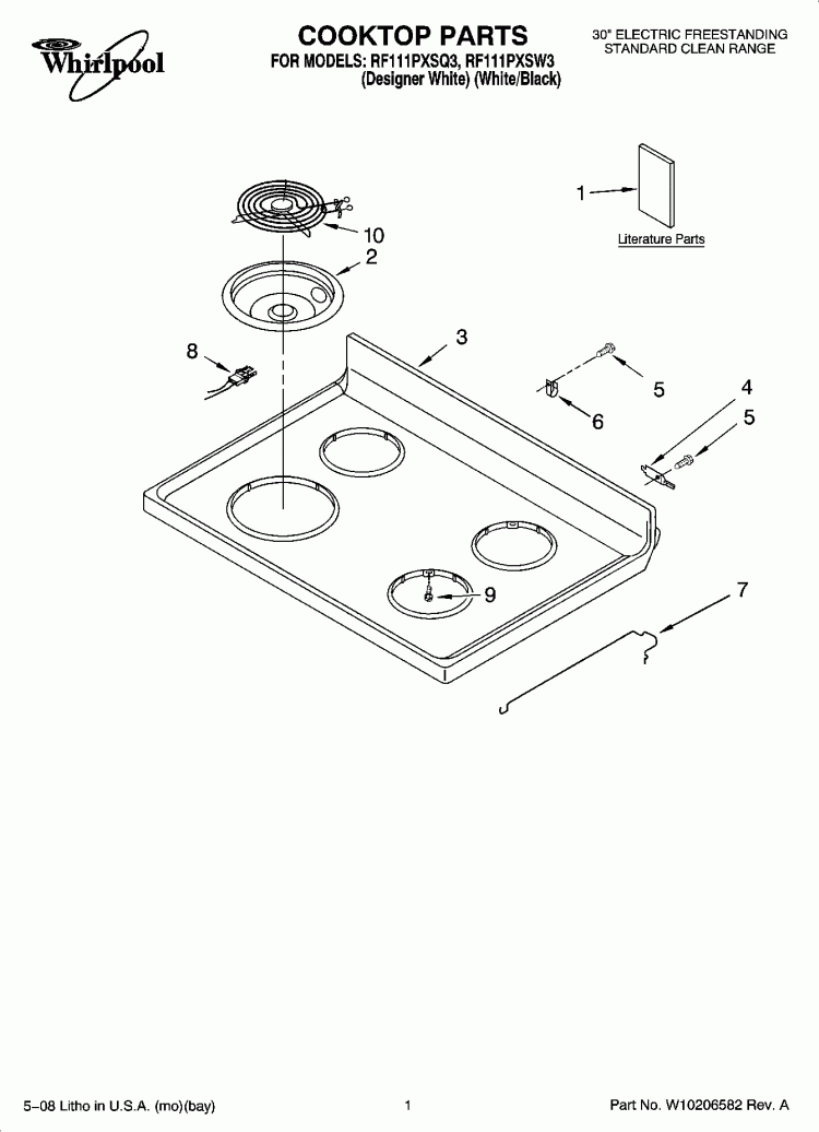 COOKTOP PARTS Diagram and Parts List for RF111PXSW3  Whirlpool Range