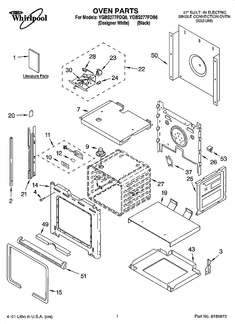 OVEN PARTS Diagram and Parts List for YGBS277PDB6  Whirlpool Wall Oven