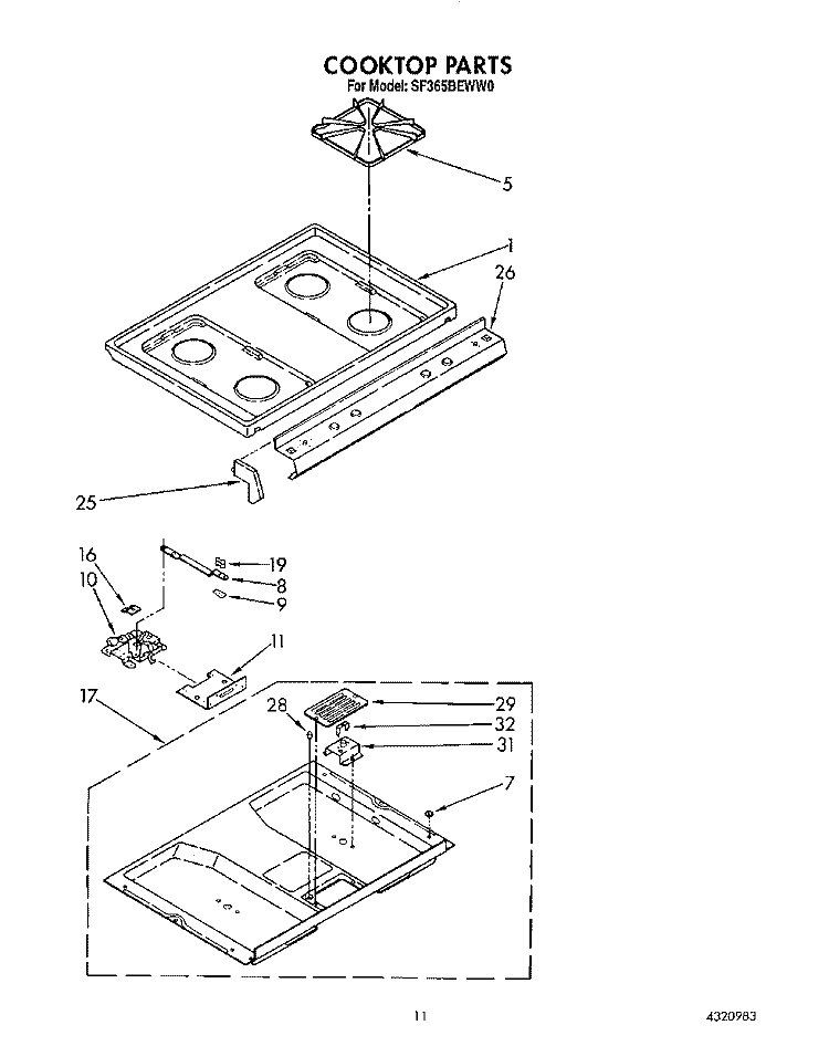 COOKTOP Diagram and Parts List for SF365BEWN0  Whirlpool Range