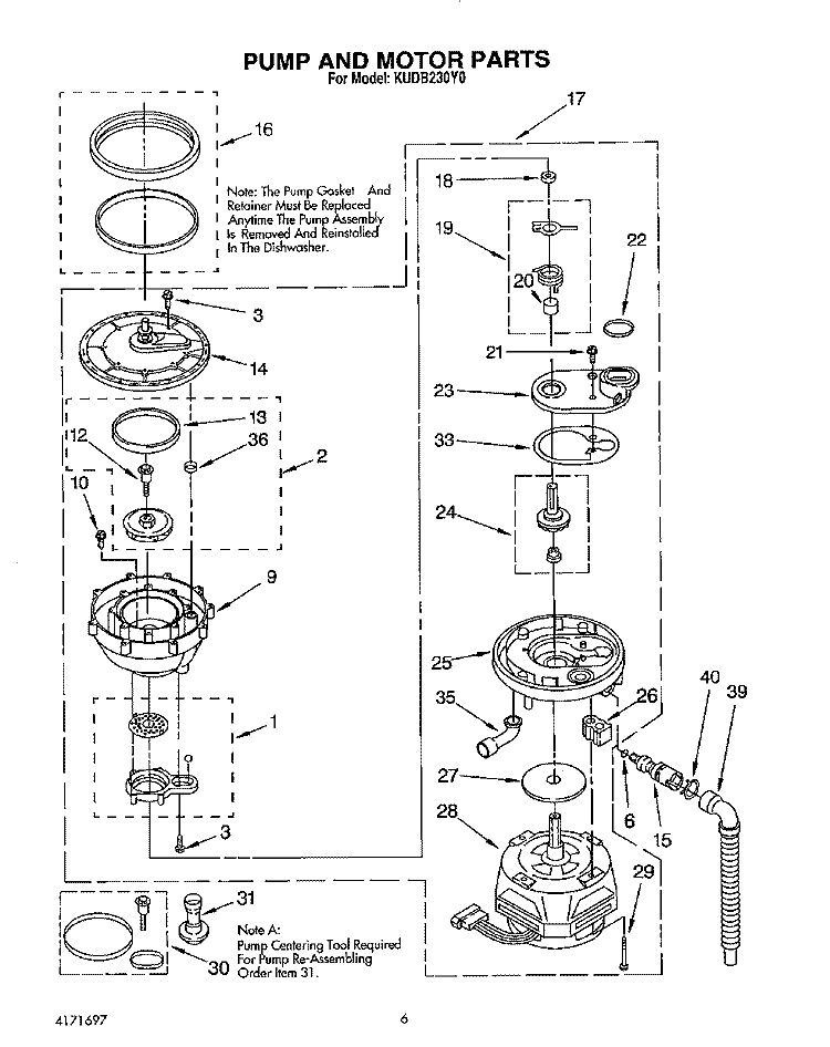 PUMP AND MOTOR Diagram and Parts List for KUDB230Y0  KitchenAid Dishwasher