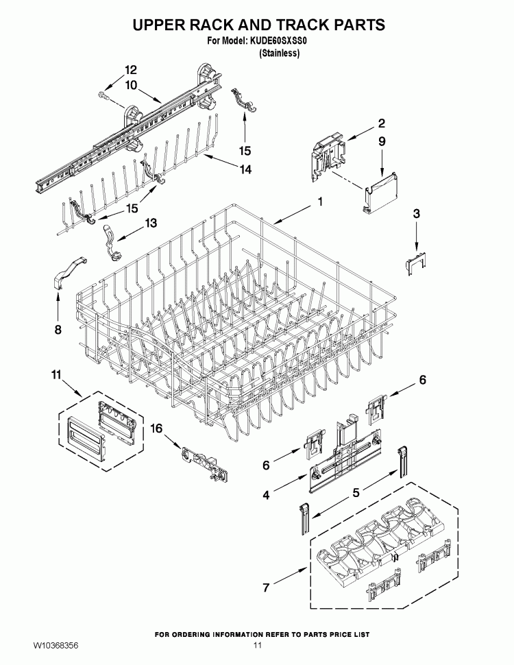 UPPER RACK AND TRACK PARTS Diagram and Parts List for KUDE60SXSS0  KitchenAid Dishwasher