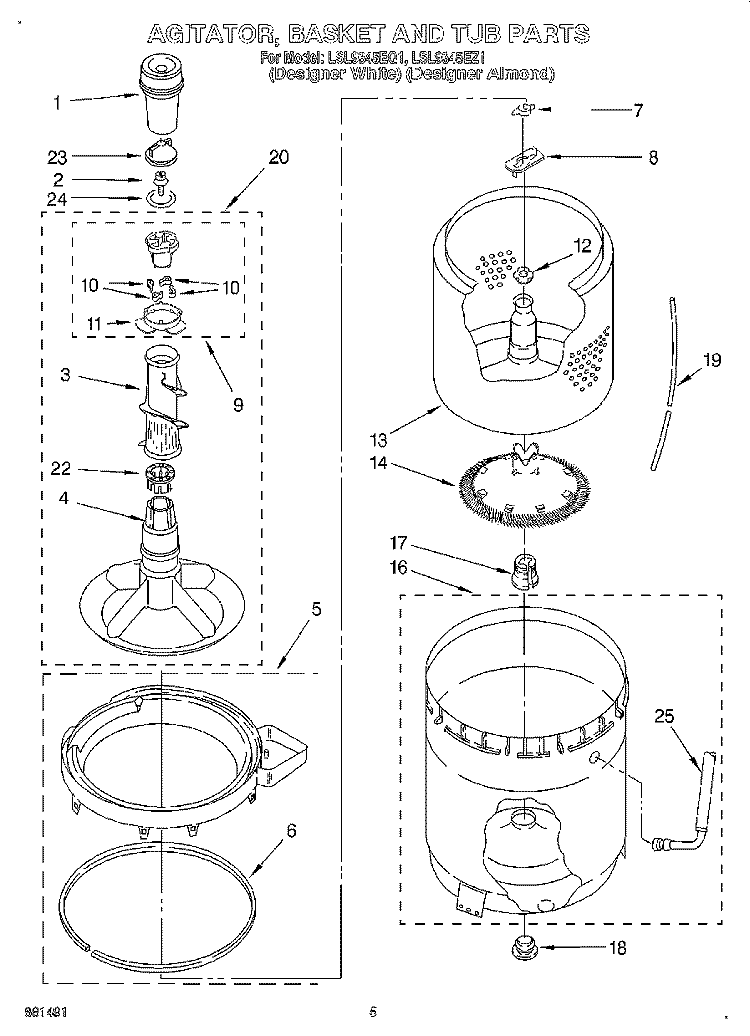 AGITATOR, BASKET AND TUB Diagram and Parts List for LSL9345EZ1  Whirlpool Washer