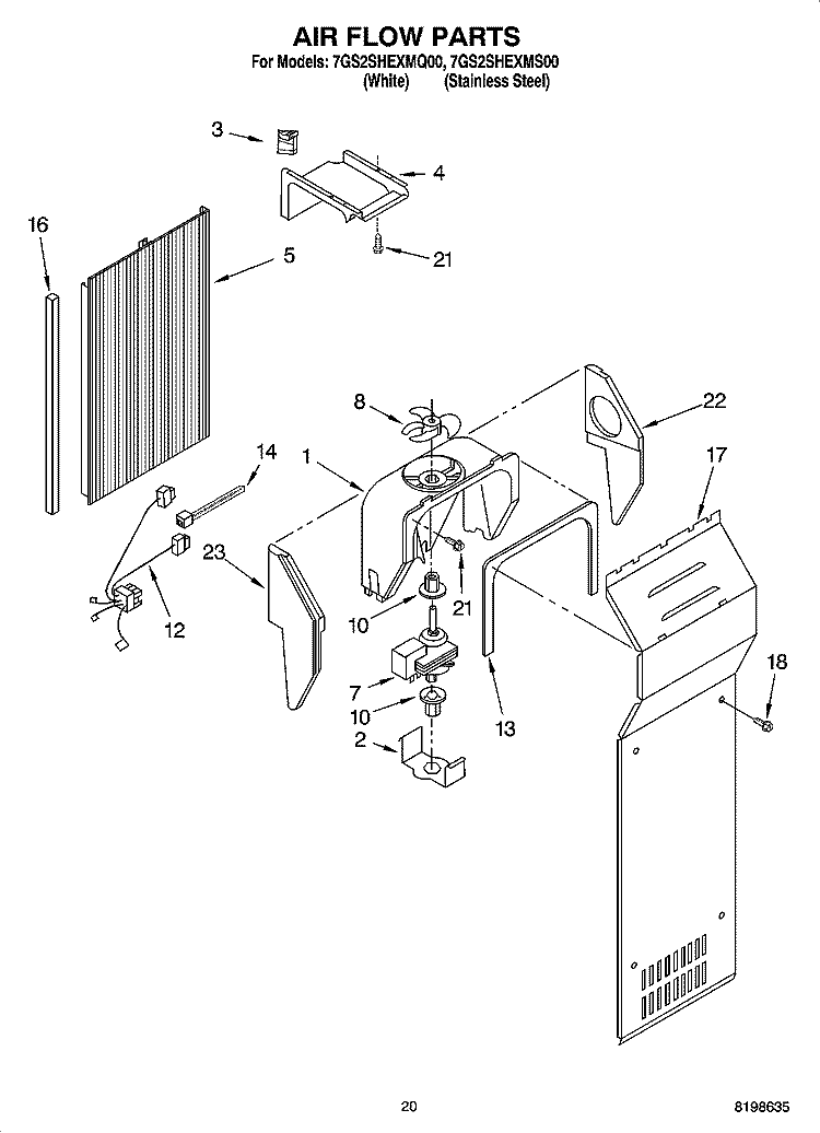 AIR FLOW PARTS, PARTS NOT ILLUSTRATED Diagram and Parts List for 7GS2SHEXMS00  Whirlpool Refrigerator
