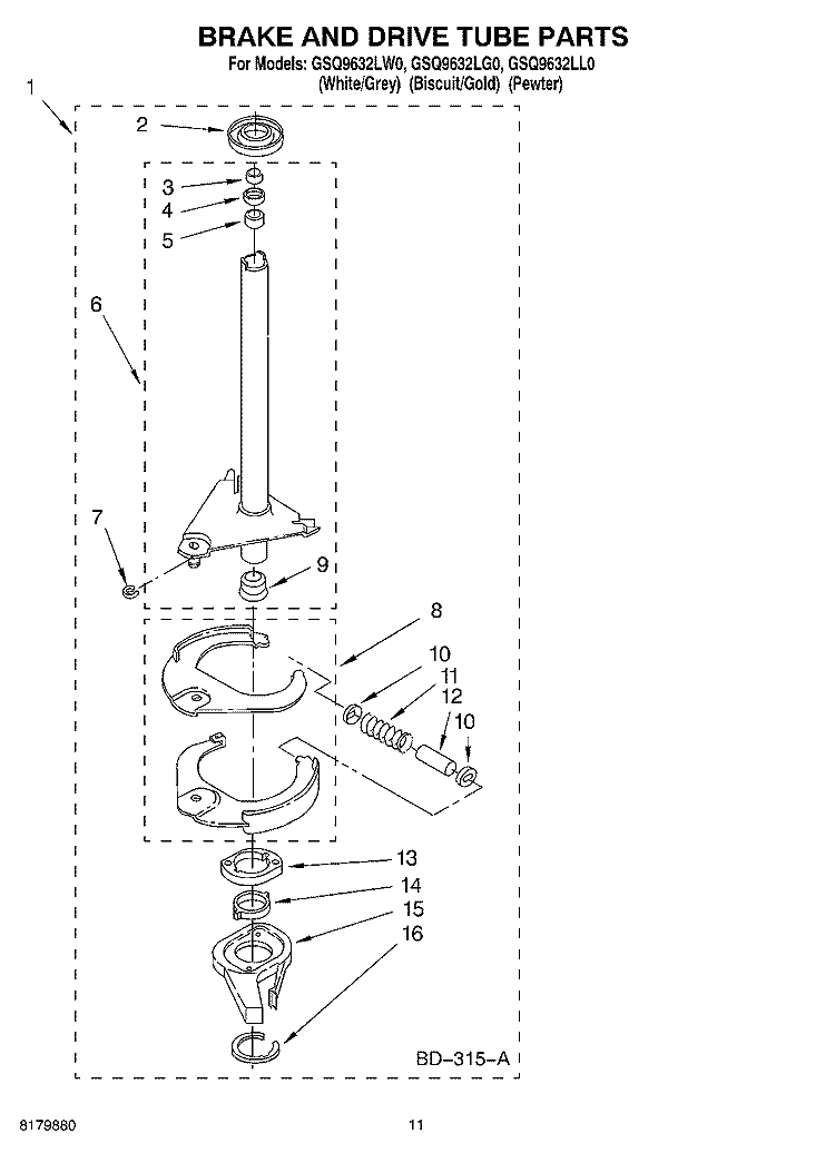 BRAKE AND DRIVE TUBE Diagram and Parts List for GSQ9632LL0  Whirlpool Washer