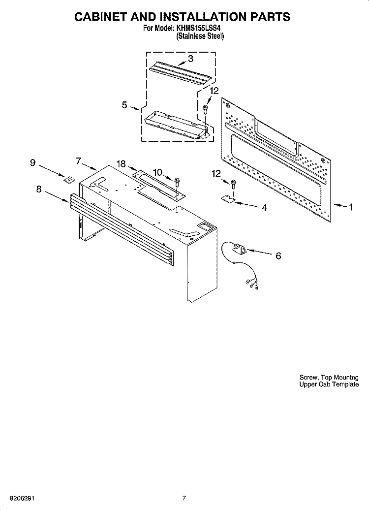CABINET AND INSTALLATION PARTS Diagram and Parts List for KHMS155LSS4  KitchenAid Microwave