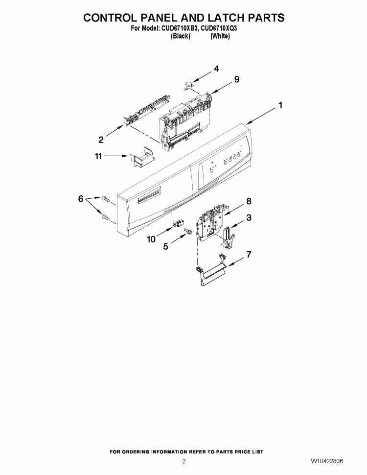 CONTROL PANEL AND LATCH PARTS Diagram and Parts List for CUD6710XB3  Whirlpool Dishwasher