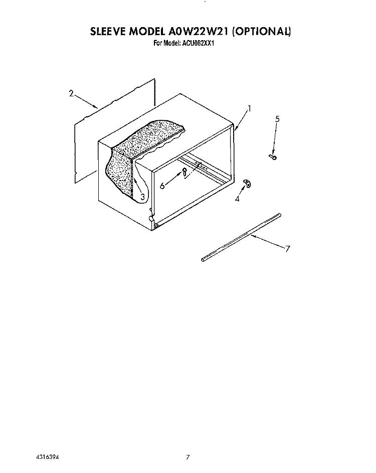 SLEEVE MODEL A0W22W21 (OPT.) Diagram and Parts List for ACU082XX1  Whirlpool Air Conditioner