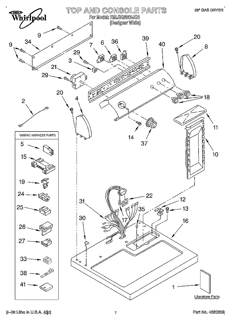 TOP AND CONSOLE, LIT/OPTIONAL Diagram and Parts List for 7MLGQ8000JQ1  Whirlpool Dryer