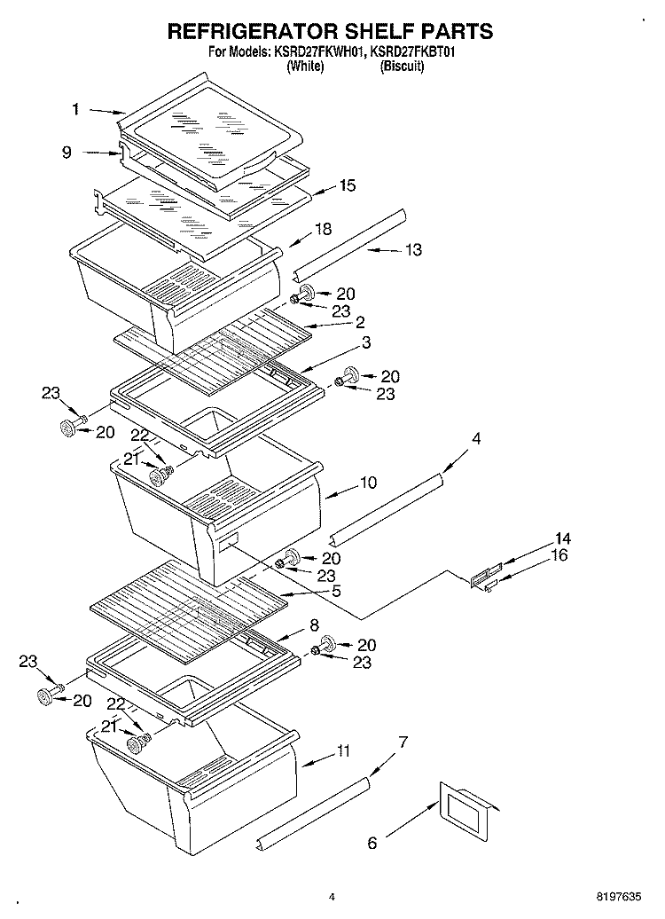 REFRIGERATOR SHELF Diagram and Parts List for KSRD27FKBT01  KitchenAid Refrigerator