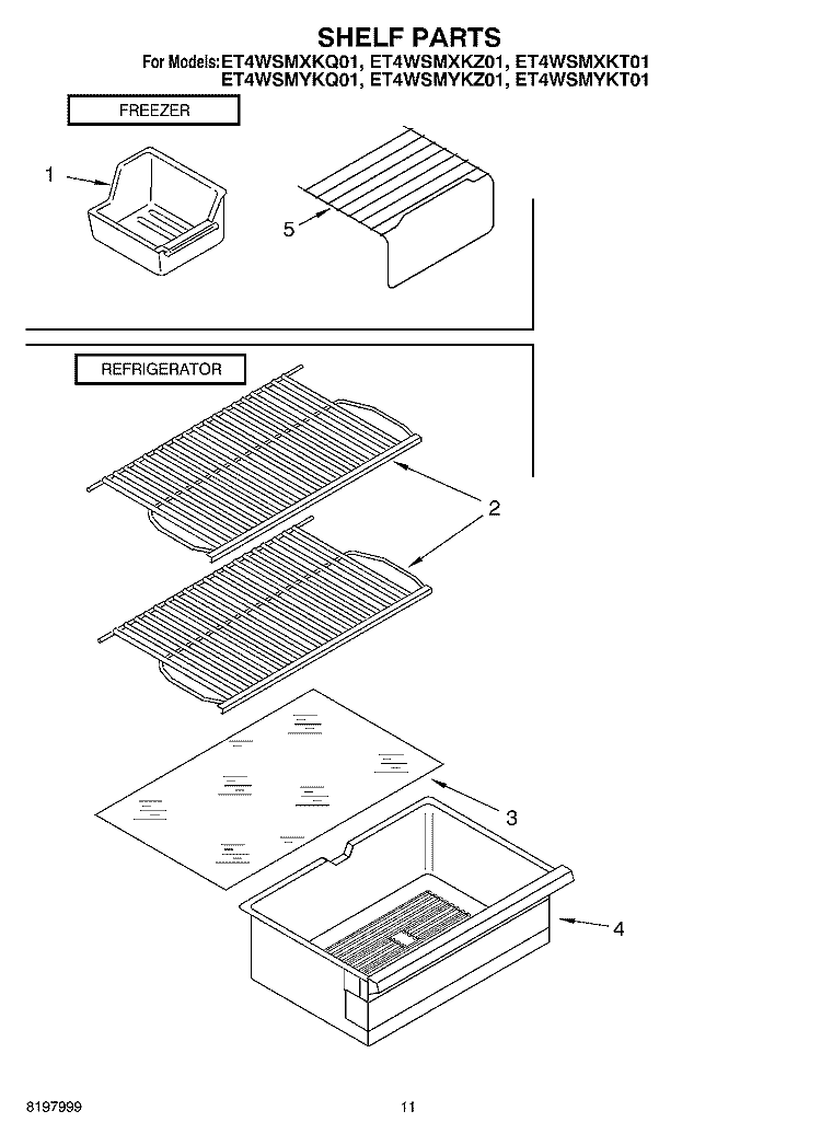 SHELF, OPTIONAL Diagram and Parts List for ET4WSMXKT01  Whirlpool Refrigerator