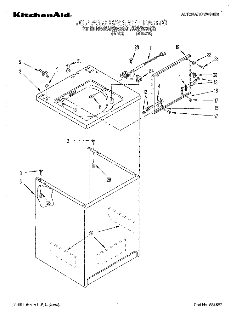 TOP AND CABINET Diagram and Parts List for KAWS800GQ1  KitchenAid Washer