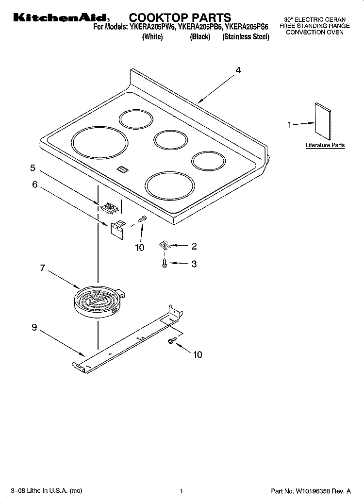 COOKTOP PARTS Diagram and Parts List for YKERA205PB6  KitchenAid Range