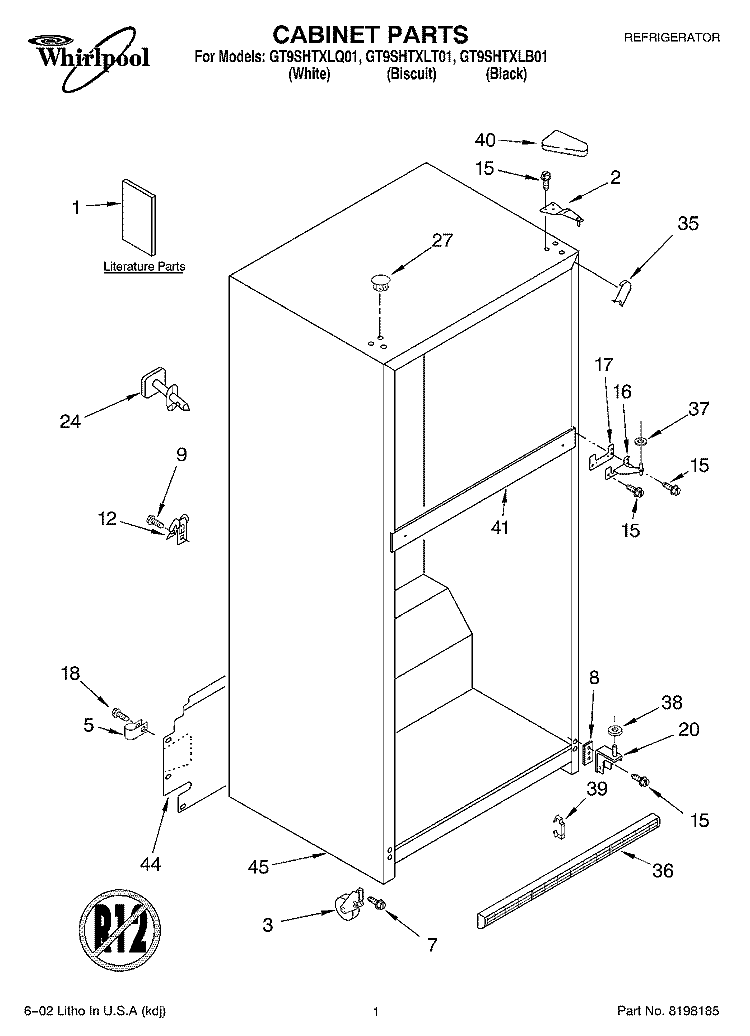 CABINET, LITERATURE Diagram and Parts List for GT9SHTXLB01  Whirlpool Refrigerator