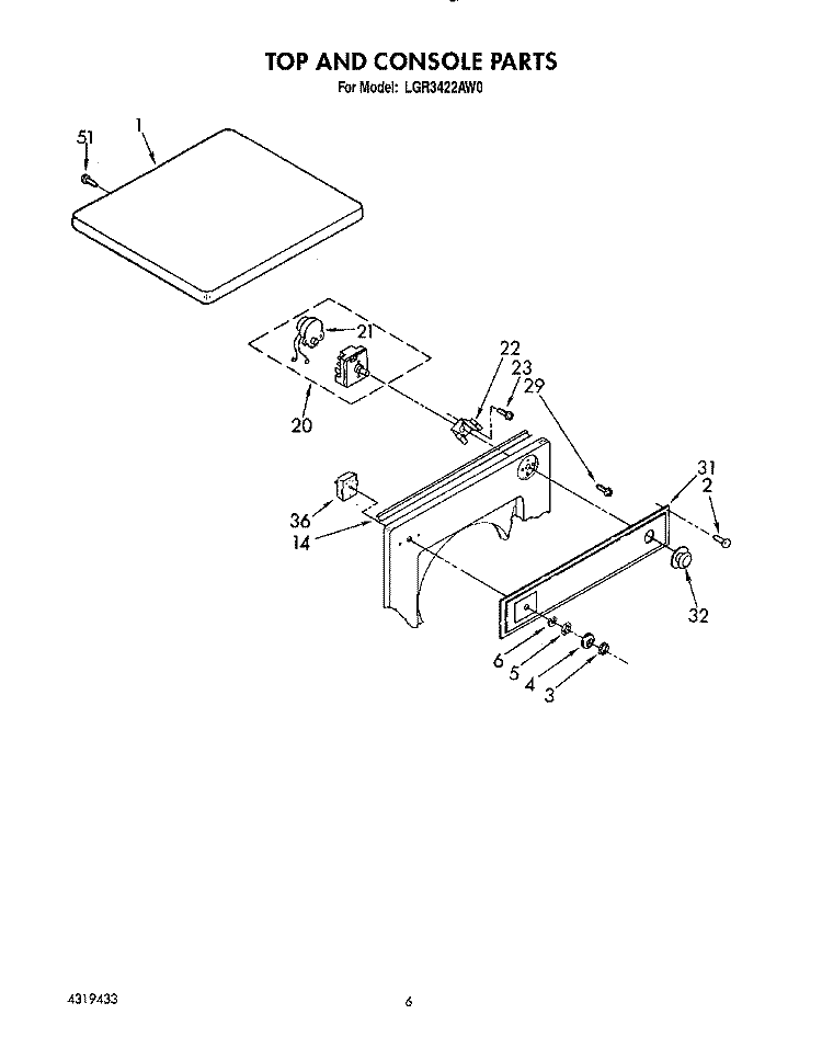TOP AND CONSOLE Diagram and Parts List for LGR3422AW0  Whirlpool Dryer