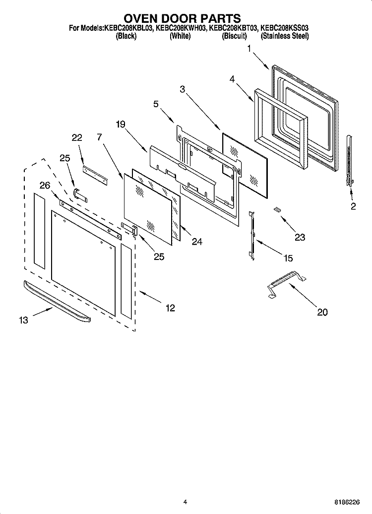 OVEN DOOR PARTS Diagram and Parts List for KEBC208KSS03  KitchenAid Wall Oven