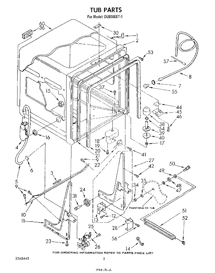 TUB , LIT/OPTIONAL Diagram and Parts List for DU8500XT1  Whirlpool Dishwasher
