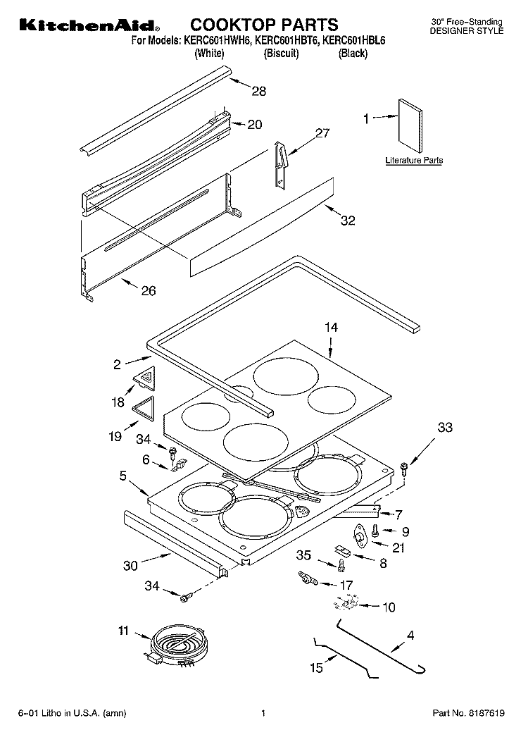 COOKTOP, LITERATURE Diagram and Parts List for KERC601HBL6  KitchenAid Range