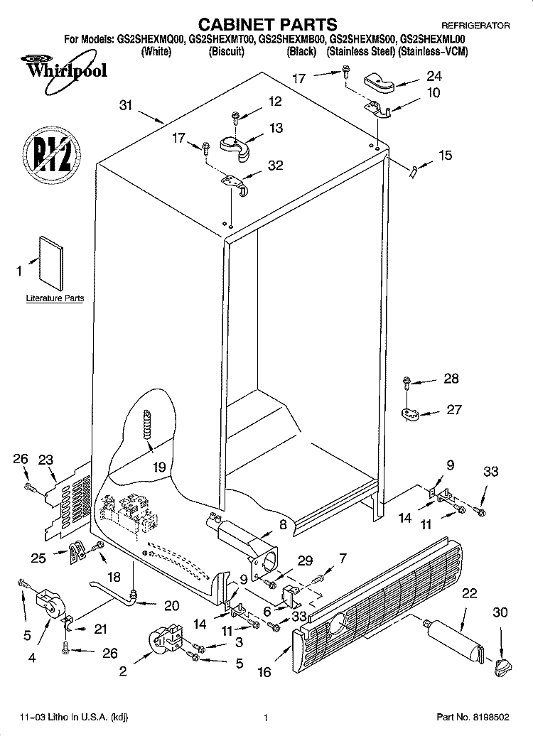 CABINET PARTS Diagram and Parts List for GS2SHEXML00  Whirlpool Refrigerator