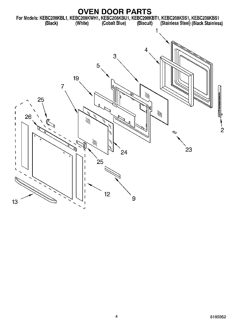 OVEN DOOR PARTS Diagram and Parts List for KEBC208KWH1  KitchenAid Wall Oven