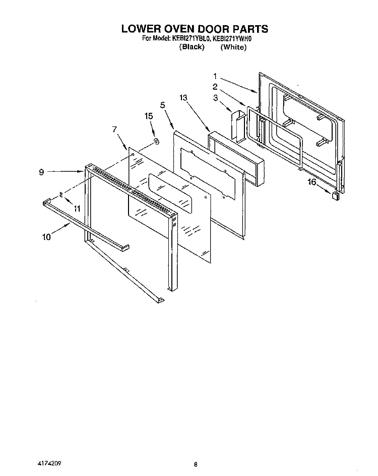 LOWER OVEN DOOR Diagram and Parts List for KEBI271YWH0  KitchenAid Wall Oven