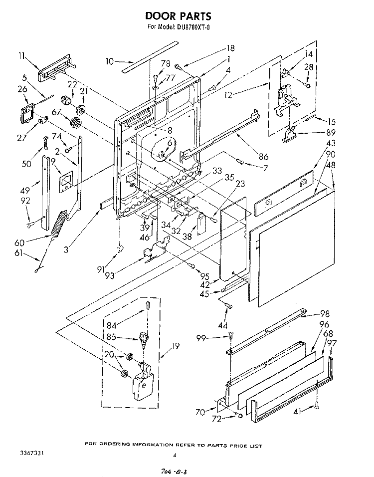 DOOR Diagram and Parts List for DU8700XT0  Whirlpool Dishwasher