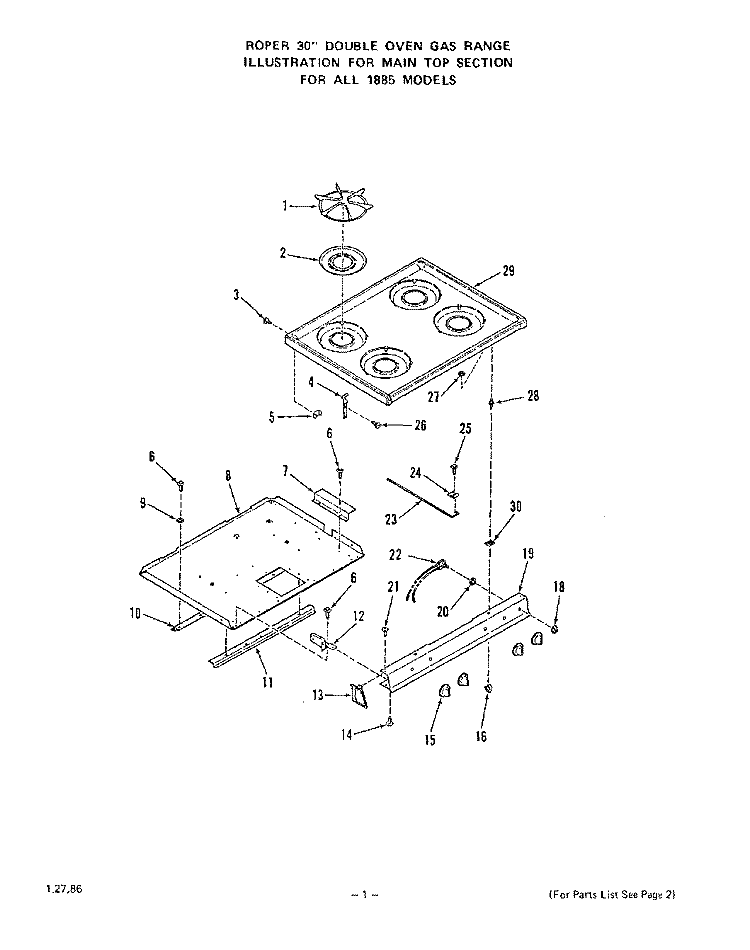 MAIN TOP Diagram and Parts List for 1885W1A  Roper Range