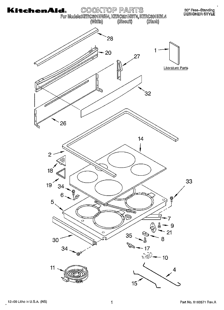 COOKTOP, LITERATURE Diagram and Parts List for KERC601HWH4  KitchenAid Range