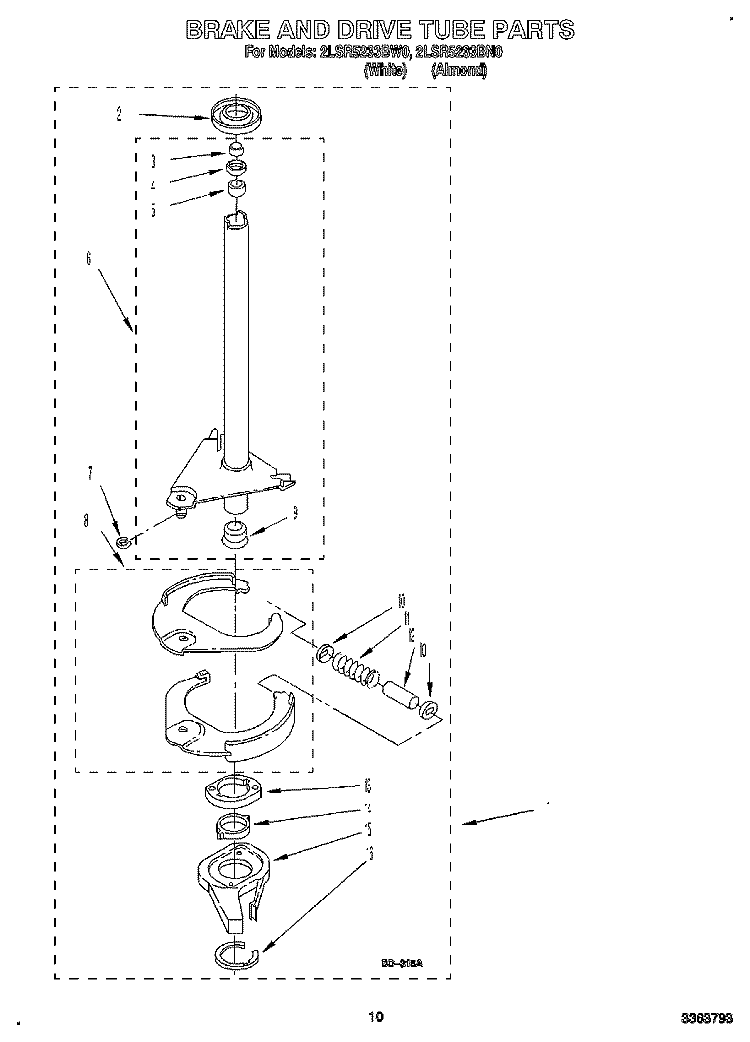 BRAKE AND DRIVE TUBE Diagram and Parts List for 2LSR5233BW0  Whirlpool Washer