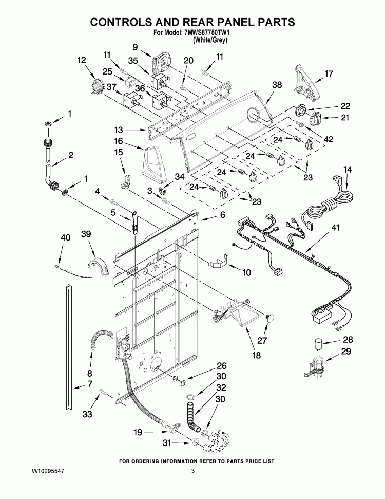 CONTROLS AND REAR PANEL PARTS Diagram and Parts List for 7MWS87750TW1  Whirlpool Washer