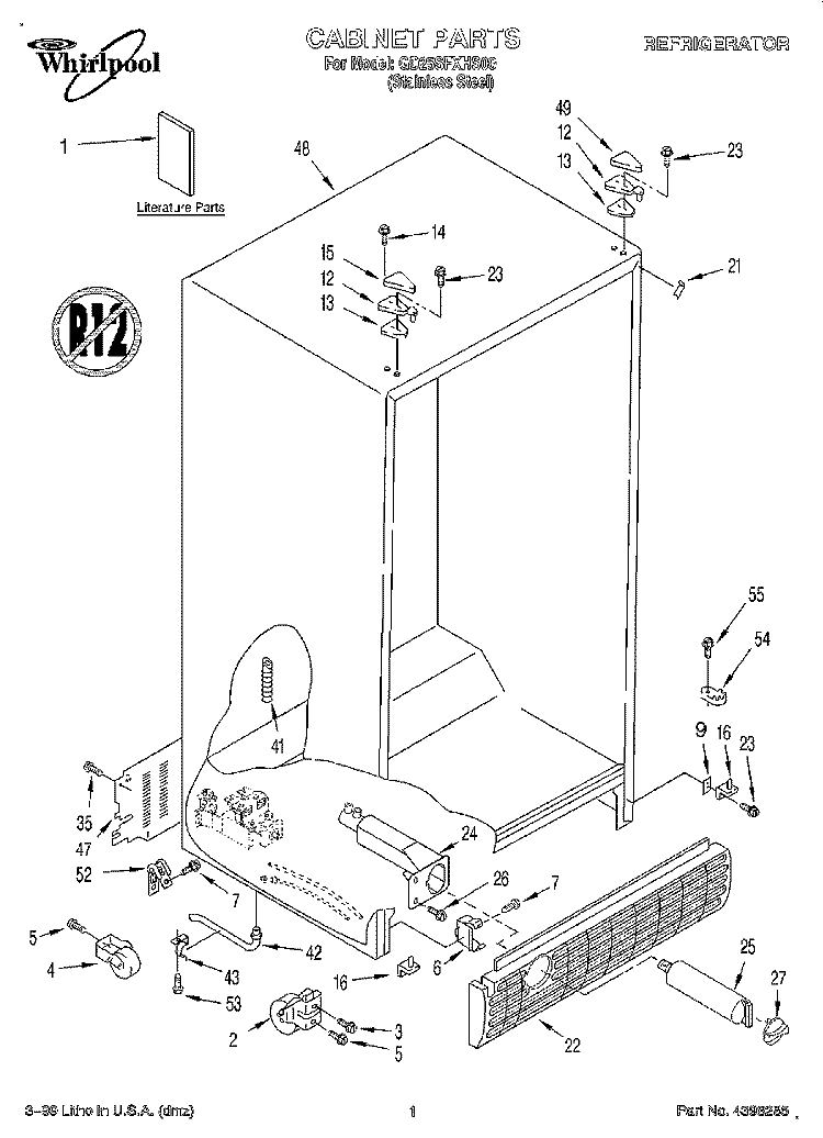 CABINET, LITERATURE Diagram and Parts List for GD25SFXHS00  Whirlpool Refrigerator