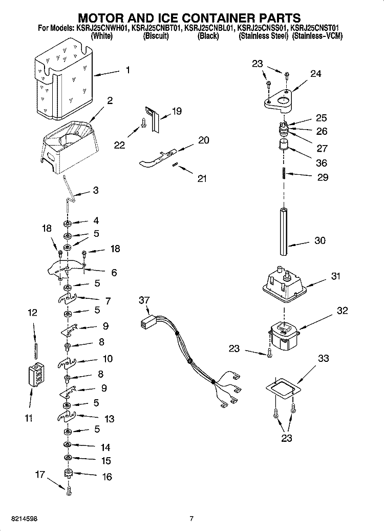MOTOR AND ICE CONTAINER PARTS Diagram and Parts List for KSRJ25CNBT01  KitchenAid Refrigerator