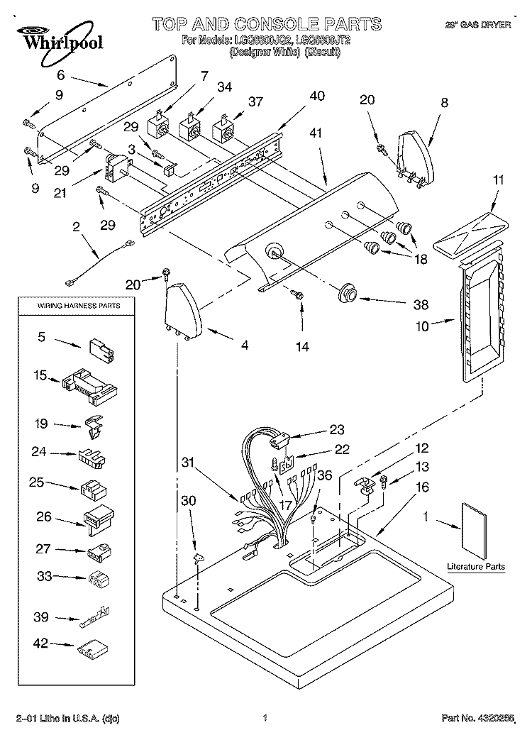 TOP AND CONSOLE, LIT/OPTIONAL Diagram and Parts List for LGQ8800JT2  Whirlpool Dryer