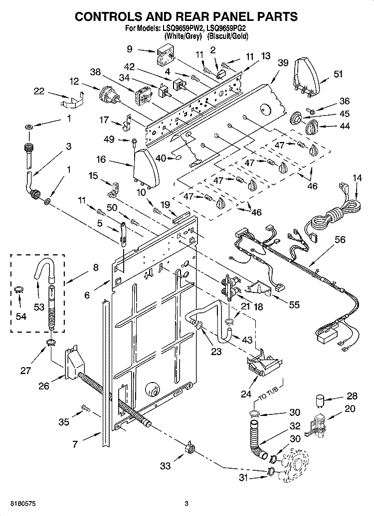 CONTROLS AND REAR PANEL PARTS Diagram and Parts List for LSQ9659PG2  Whirlpool Washer