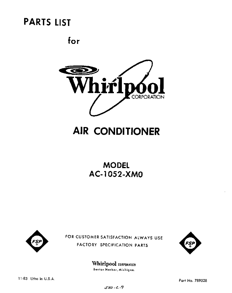 SECTION Diagram and Parts List for AC1052XM0  Whirlpool Air Conditioner