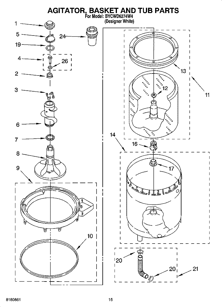 AGITATOR, BASKET AND TUB PARTS Diagram and Parts List for BYCWD6274W4  Crosley Washer Dryer Combo