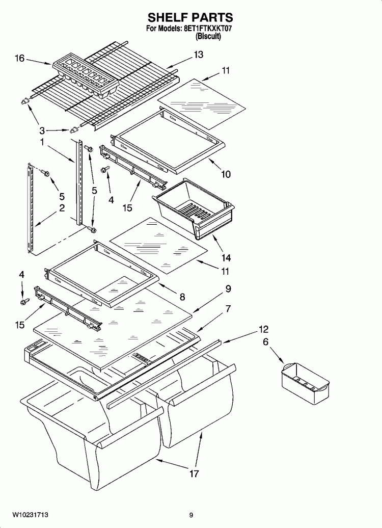 SHELF PARTS, OPTIONAL PARTS Diagram and Parts List for 8ET1FTKXKT07  Whirlpool Refrigerator