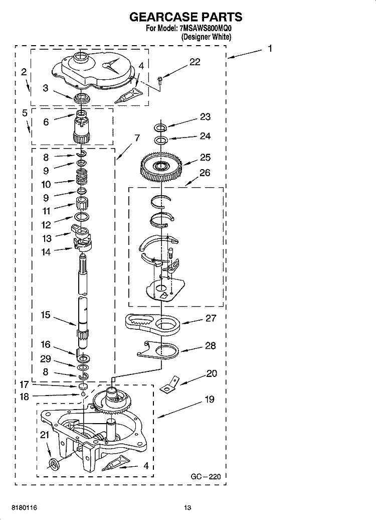 GEARCASE PARTS Diagram and Parts List for 7MSAWS800MQ0  Whirlpool Washer