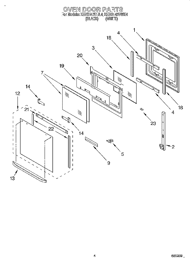 OVEN DOOR Diagram and Parts List for KEBS147DBL4  KitchenAid Wall Oven