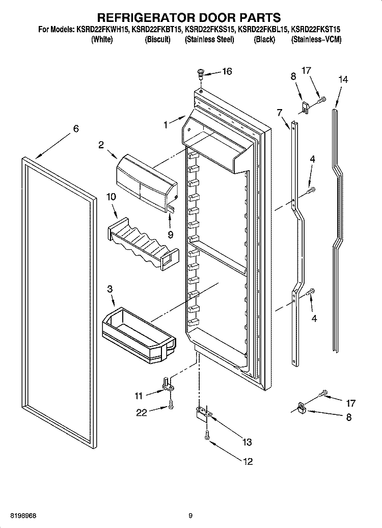 REFRIGERATOR DOOR PARTS Diagram and Parts List for KSRD22FKBL15  KitchenAid Refrigerator