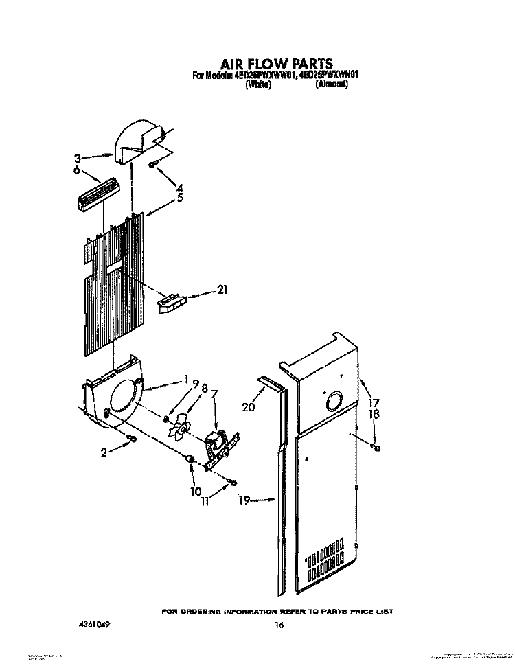 AIR FLOW Diagram and Parts List for 4ED25PWXWN01  Whirlpool Refrigerator