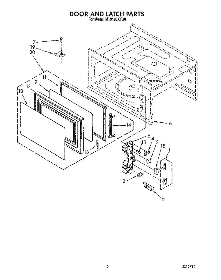 DOOR AND LATCH Diagram and Parts List for MT9160XYB0  Whirlpool Microwave