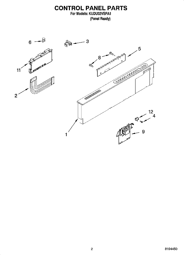 CONTROL PANEL PARTS Diagram and Parts List for KUDU02VSPA1  KitchenAid Dishwasher