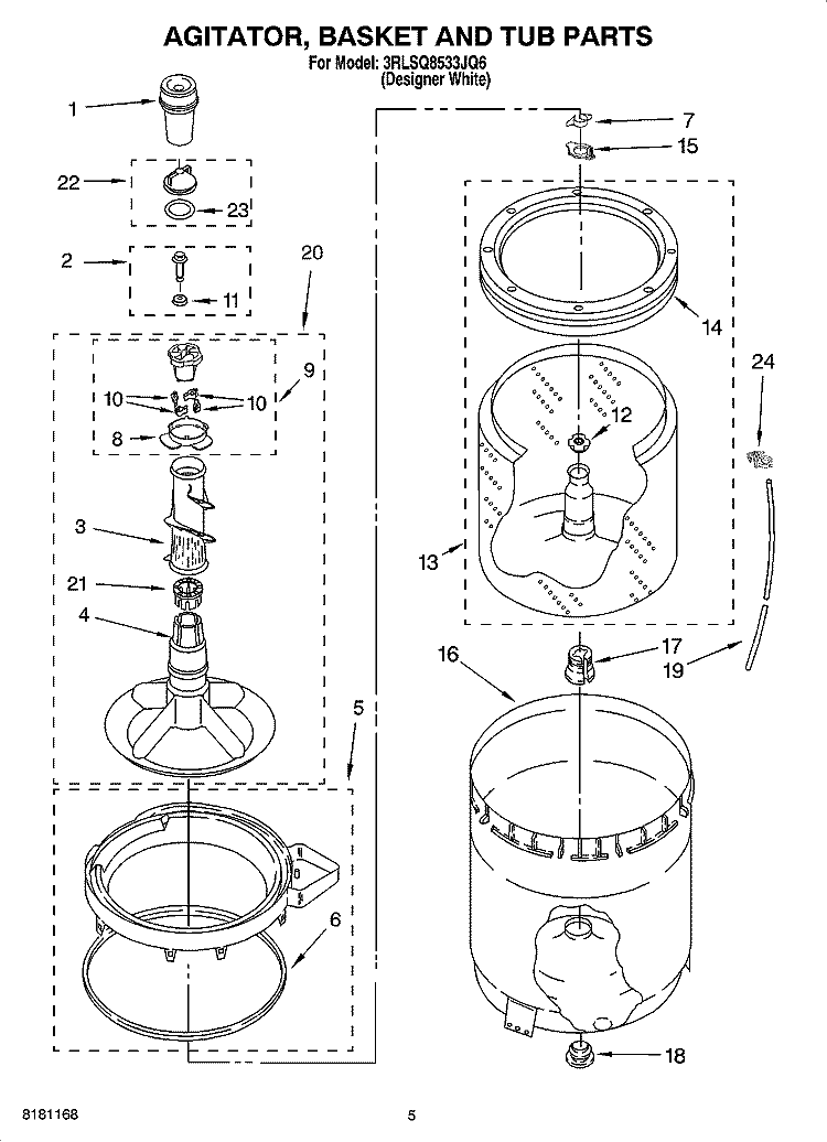 AGITATOR, BASKET AND TUB PARTS Diagram and Parts List for 3RLSQ8533JQ6  Whirlpool Washer