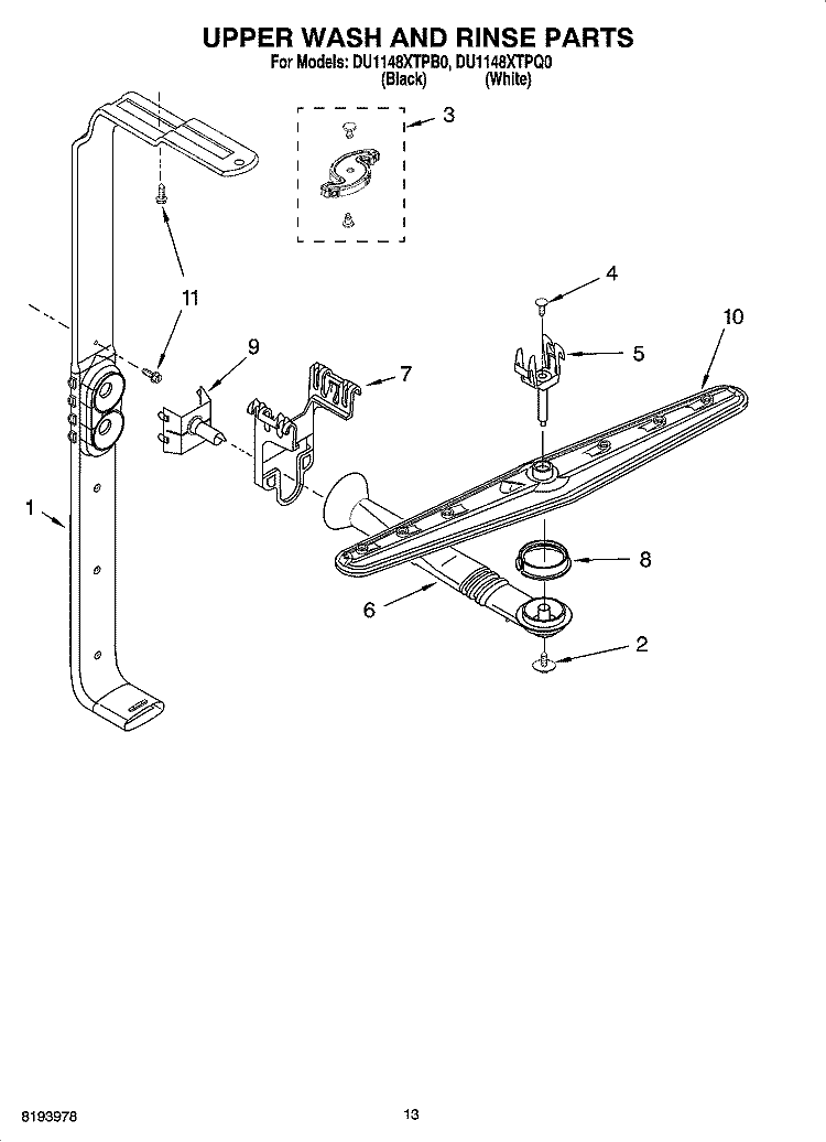 UPPER WASH AND RINSE PARTS Diagram and Parts List for DU1148XTPB0  Whirlpool Dishwasher