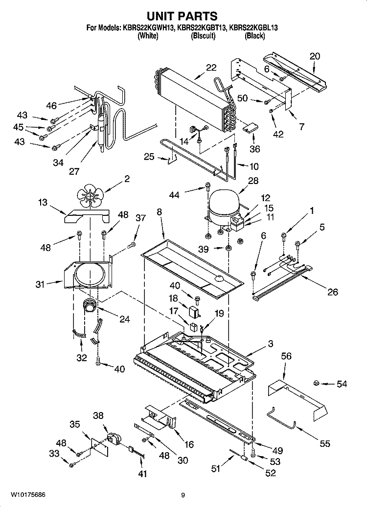 UNIT PARTS Diagram and Parts List for KBRS22KGWH13  KitchenAid Refrigerator