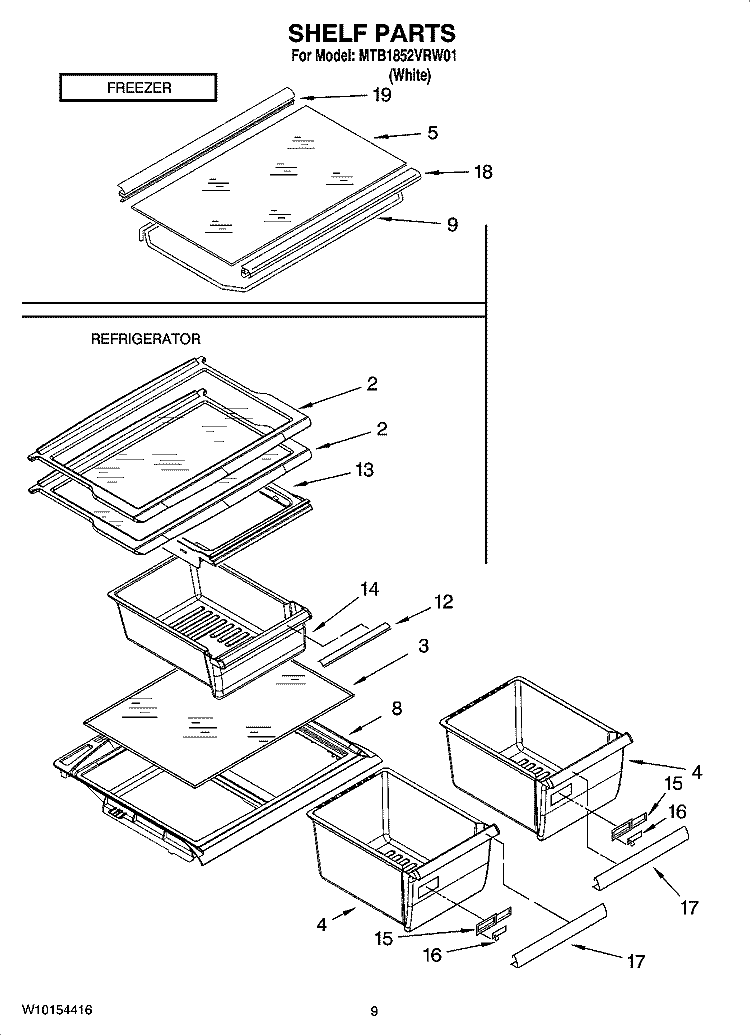 SHELF PARTS, OPTIONAL PARTS (NOT INCLUDED) Diagram and Parts List for MTB1852VRW01  Whirlpool Refrigerator