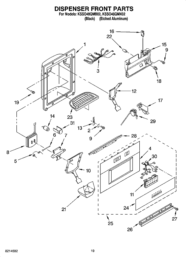 DISPENSER AND FRONT PARTS Diagram and Parts List for KSSO48QMX02  KitchenAid Refrigerator