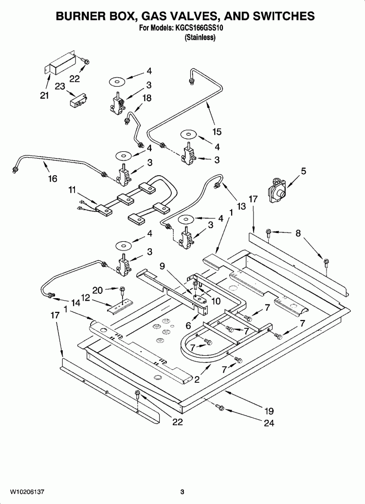 BURNER BOX, GAS VALVES, AND SWITCHES, OPTIONAL PARTS Diagram and Parts List for KGCS166GSS10  KitchenAid Cooktop