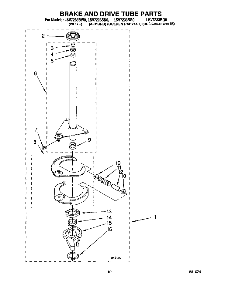 BRAKE AND DRIVE TUBE Diagram and Parts List for LSV7233BQ0  Whirlpool Washer