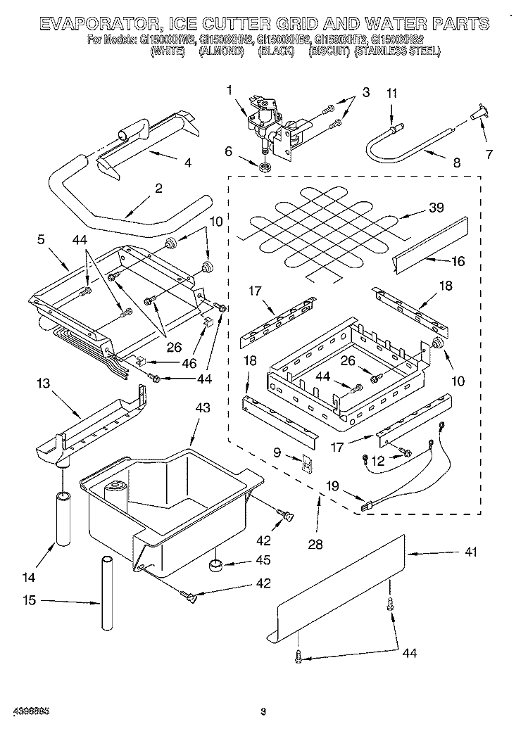 EVAPORATOR, ICE CUTTER GRID AND WATER Diagram and Parts List for GI1500XHN2  Whirlpool Ice Maker